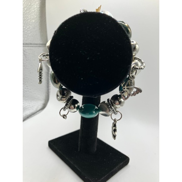 Turquoise & Silver-Tone Beaded Charm Homemade 4.75 Inch Around Bracelet! - Picture 2 of 6